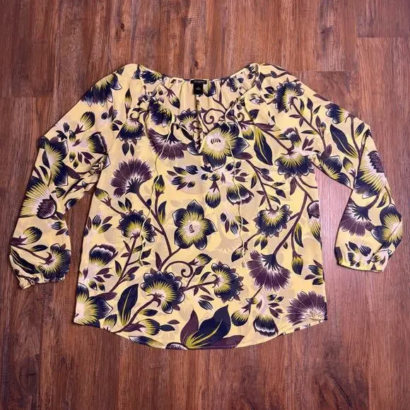 Ann Taylor LARGE sheer yellow floral long sleeve blouse - Picture 5 of 12